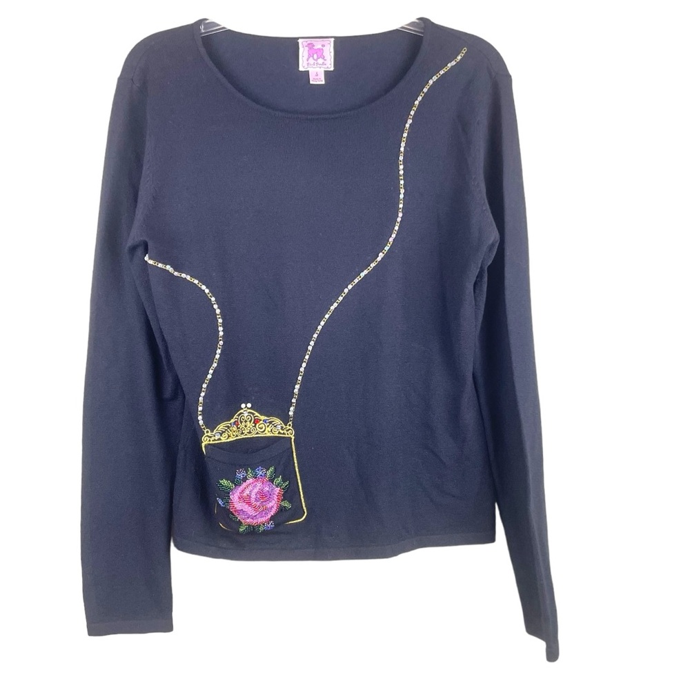 Pink Poodle Knit Sweater with Purse Jeweled Embellishment Sz Small